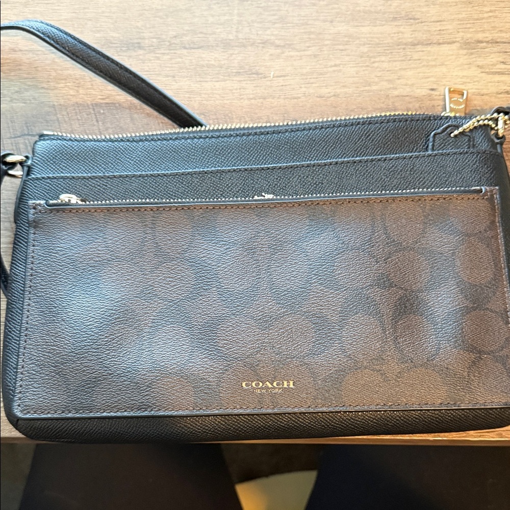 Coach Black Pebbled Leather Slim Crossbody with Brown Monogram Insert - Picture 2 of 5